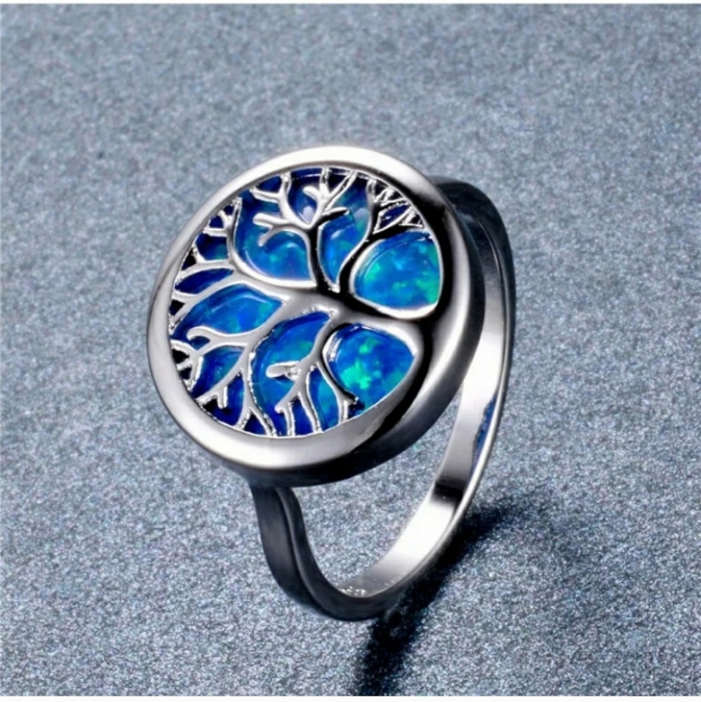 New Blue Opal Tree of Life Silver Ring.